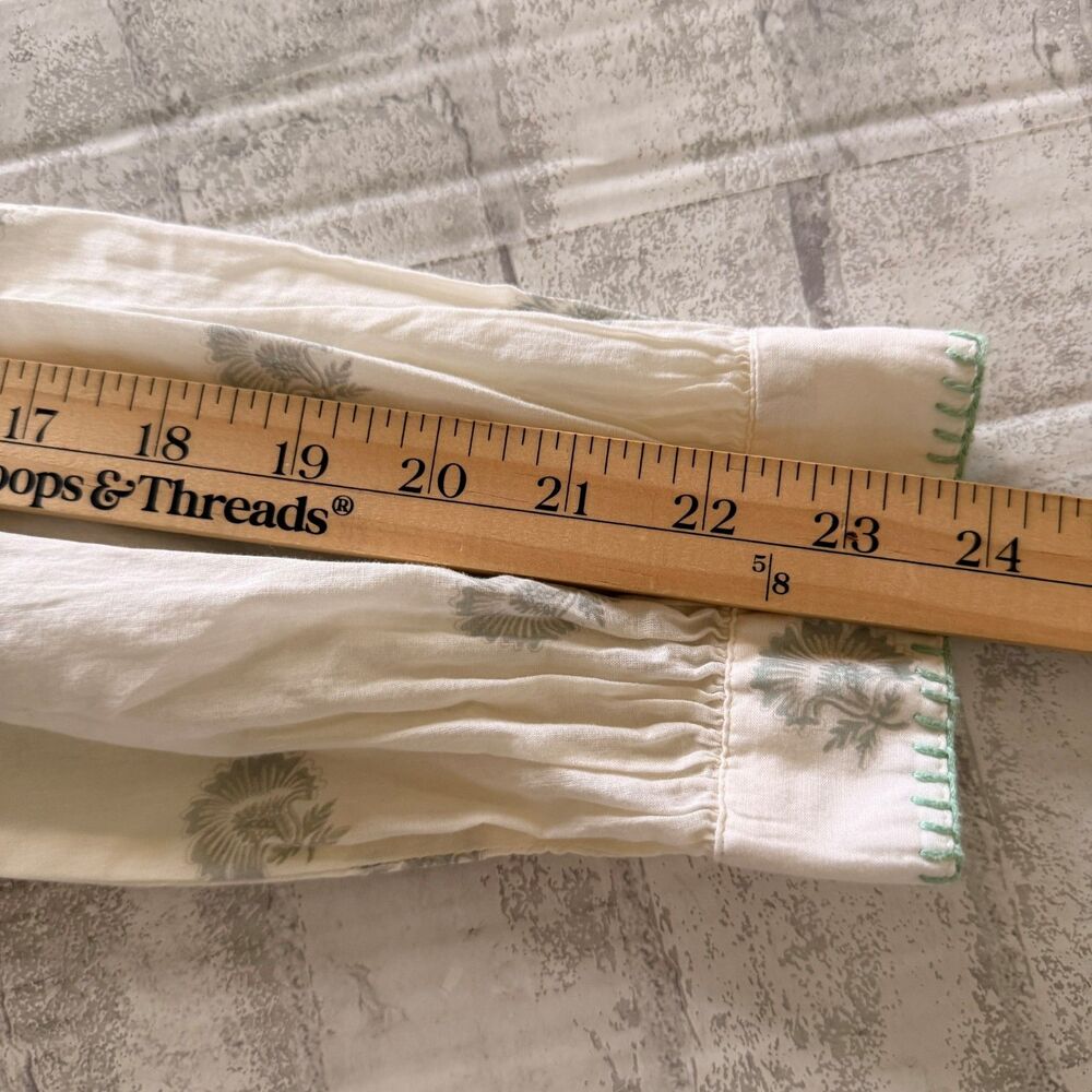 Wrap London Shirring Detail Cotton Shirt Ecru Sage Embroidered Blouse Sz 10 - Picture 7 of 10